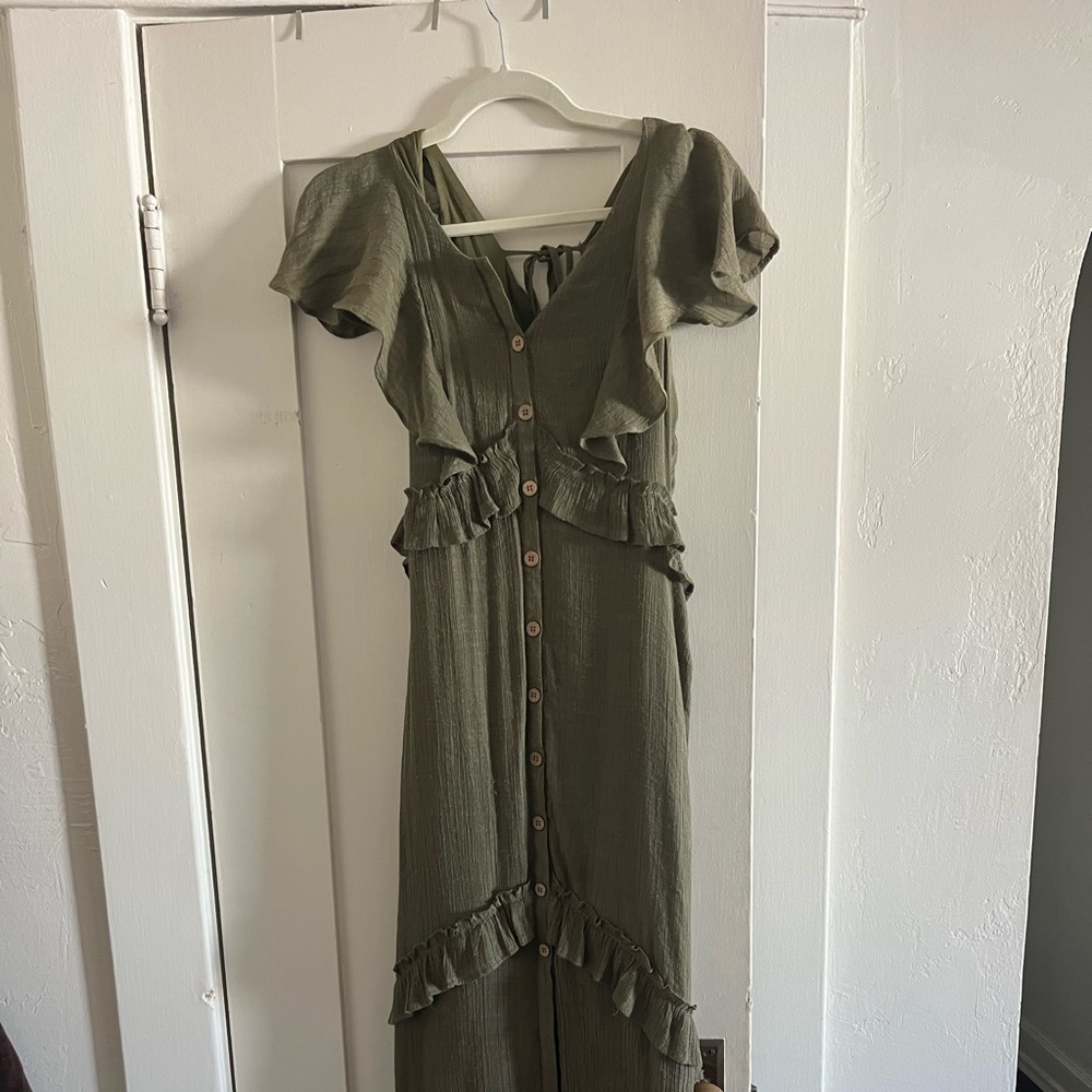 Boho Olive Green Ruffle Maxi Dress